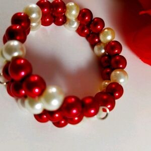 HAND CRAFTED Pearl Wrap Bracelet Red and White Coil Bracelet Memory Wire